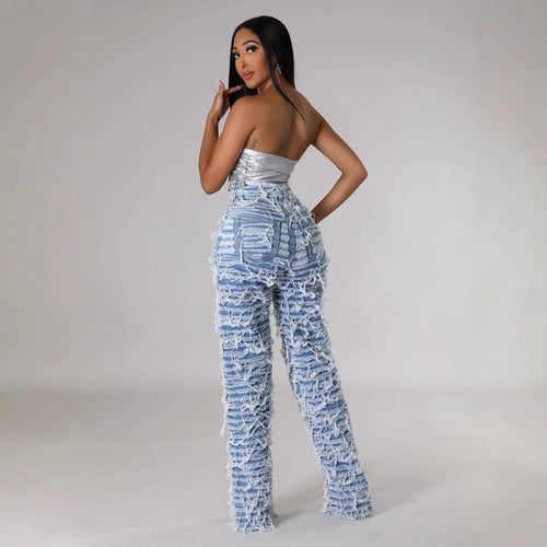 25 Edition – Women’s High Waist Ripped Tassel Denim Pants